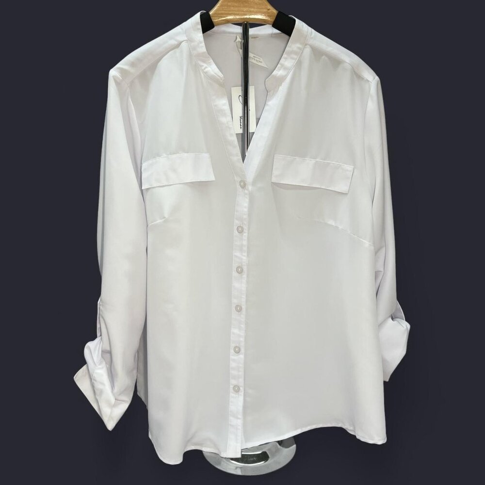 NY Collection White Button‑Up Long Sleeve Top (2X)